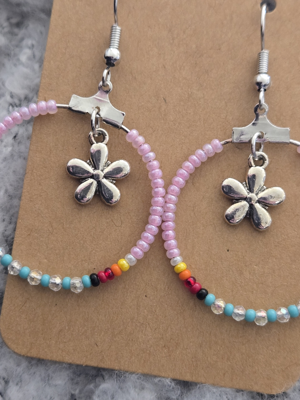 Handmade Pink Beaded Hoop Earrings with Silver Flower Charm - Picture 2 of 4
